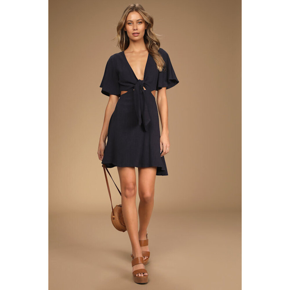 Lulus Perfect Day For Love Navy Blue Cutout Tie-front Mini Dress Black - Size M